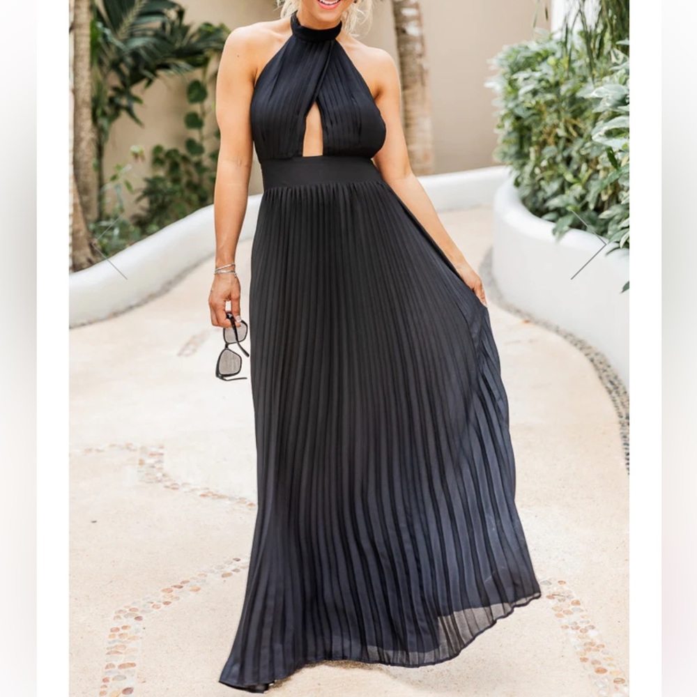 Sunny gleam black accordion halter maxi dress final sale